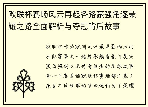 欧联杯赛场风云再起各路豪强角逐荣耀之路全面解析与夺冠背后故事